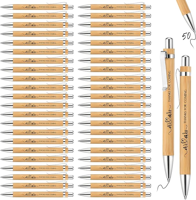 Fumete 50 Pieces Bamboo Wedding Pens Bulk Ballpoint Black Ink Bridal Shower Pens for Wedding Bridal Shower Guest Book Game Gifts Proposal Bachelor Party Favors