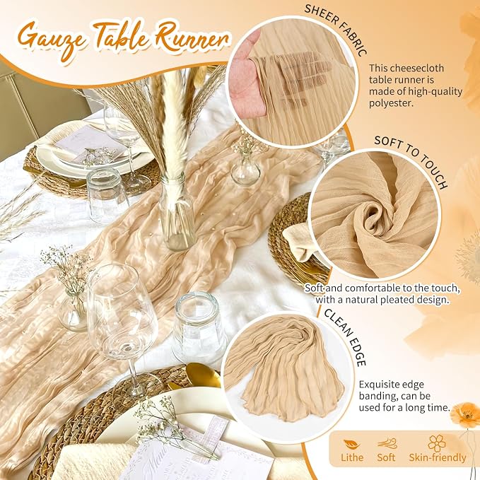 18 Pack Nude Cheesecloth Table Runner 17 x 108 inch Boho Gauze Table Runner Rustic Sheer Cheese Cloth Table Decorations for Wedding Party Baby Bridal Shower Birthday Holiday Home