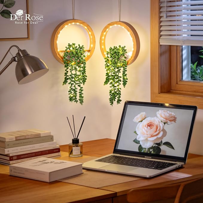 Der Rose 2 Pack Lighted Hanging Plants, Artificial String of Pearls Plants with Warm LED Lights, Aesthetic Fake Plants for Wood Tone Bedroom Bathroom Living Room Wall Decor, Party & Gift for Women