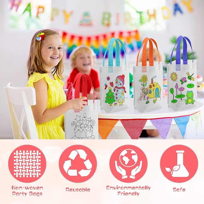 BBTO 100 Pcs Coloring Goodie Bags Cute Cartoon Reusable Party Favor Paint Non Woven Goodie Bags for Kids Birthday Party Art DIY Crafts Supplies, 20 Styles