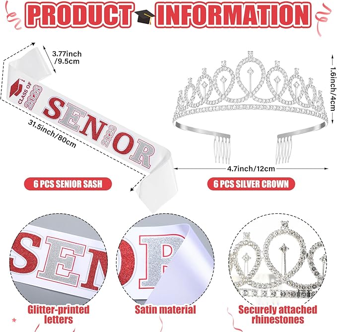 Janinka 6 Pcs Senior Sash 2026 Graduation Satin Sash with Glitter Letter Silver Crown Tiaras Cheer 2026 Gifts for Graduation Party Cheerleader Prom Photos Celebration(Red)
