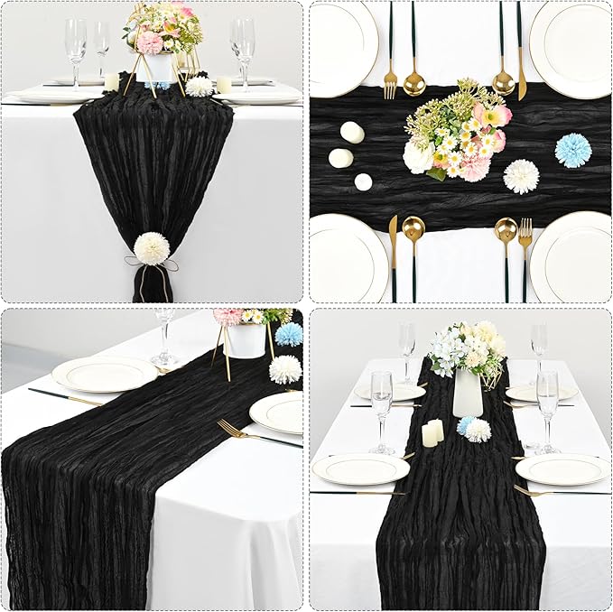 6 Pcs Black Cheesecloth Table Runner 10FT, Gauze Table Runner for Wedding Reception Sheer Bridal Shower Birthday Party Boho Table Decoration, Rustic Romantic Wedding Runner