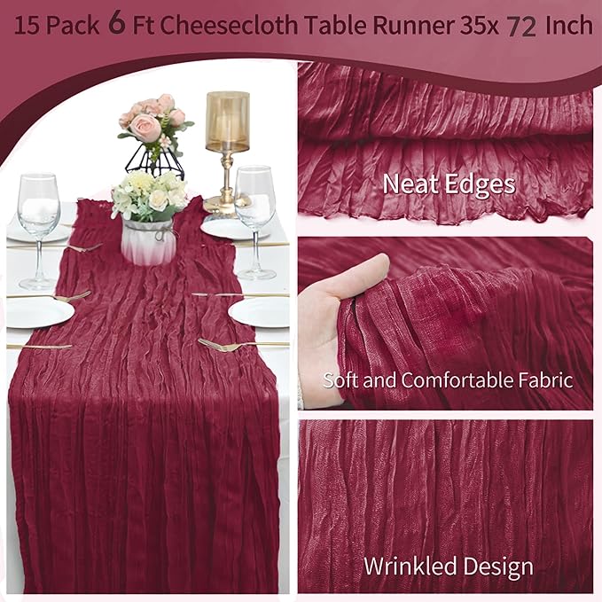 15 Pack Cheesecloth Table Runner 6FT Gauze Cheese Cloth Table Runner 35 x72Inch Romantic Boho Table Runners for Wedding Birthday Party Bridal Baby Shower Gender Reveal Engagement Table Décor(Burgundy)