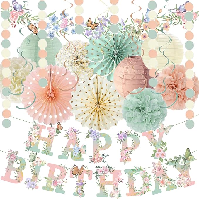 Sage Green Blush Pink Birthday Decorations,Flower Butterfly Happy Birthday Banner, Wildflower Garland,Paper Lanterns Tissue Pom Poms for Spring Summer Boho Fairy Garden Tea Party Neutral Décor