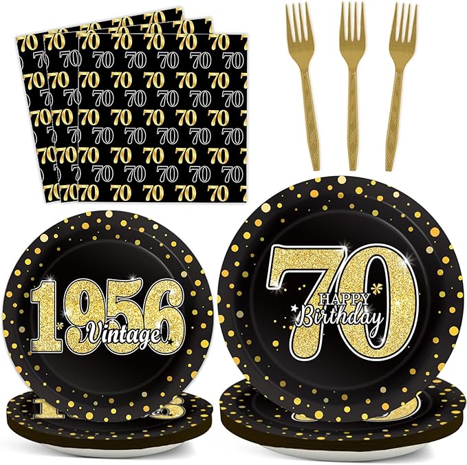 200PCS 70th Theme Birthday Party Tableware Vintage 1956 Party Supplies 70 year old Birthday Party Decorations Plates Napkins Forks Black and Gold Dinnerware Favors for Men or Women