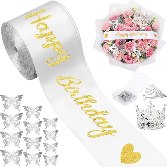 Zeyune 114 Pcs Flower Bouquet Accessories Includes 2 in x 5 Yard Glitter Happy Birthday Satin Ribbon, Silver Bouquet Crown, Butterfly Decor and Rhinestone Flower Pins for Birthday Wedding Baby Shower