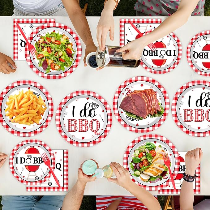 96Pcs BBQ Bachelorette Party Supplies Red and White Plaid Checkered Paper Plates and Napkins I DO BBQ Tableware Disposable Dessert Dinnerware for Barbecue Wedding Bridal Shower Picnic for 24 Guests
