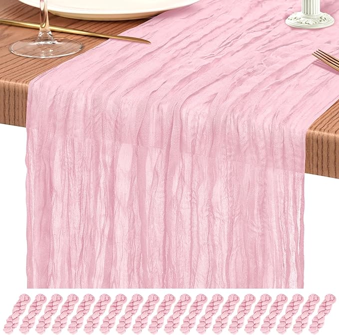 20 Pack Light Pink Cheesecloth Table Runner 10FT Boho Gauze Cheese Cloth Table Runners Romantic Rustic Sheer Table Decorations for Wedding Party Baby Shower Birthday Holiday Home