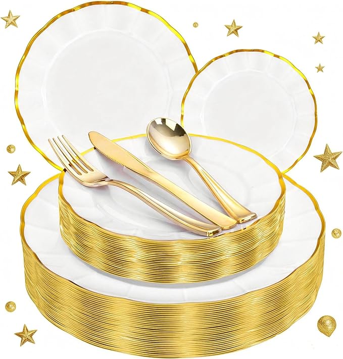 ejonirinjonir EI 150pcs White Plastic Plates with Gold Plastic Silverware,Disposable Plate Heavy Duty,White Dinnerware Set,Elegant Plates for Party,Wedding,Afternoon Tea,Spring,Valentine's Day