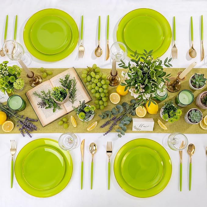 DaYammi 150Pcs Lime Green Plastic Plates & Gold Cutlery with Green Handle,green Disposable Plates with Gold Rim Include 30 Dinner Plate,30 Dessert Plate,30 Knives,30 Forks,30 Spoons for Party Dinner