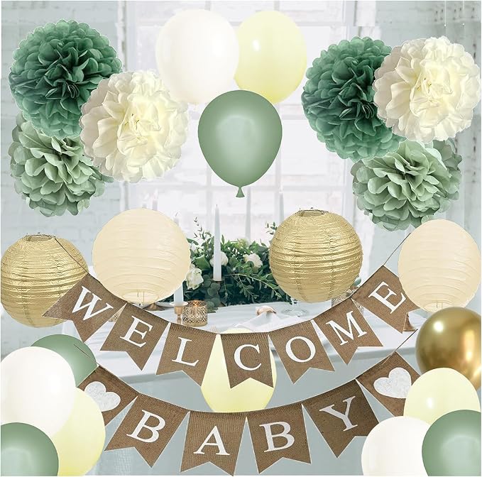 Welcome Baby Shower Decorations - Sage Green Beige Baby Gender Reveal Party Balloons Decor with Pre-strung Burlap Sign Banner Wall Hanging Supplies (Soft yellow + Sage + Gold)
