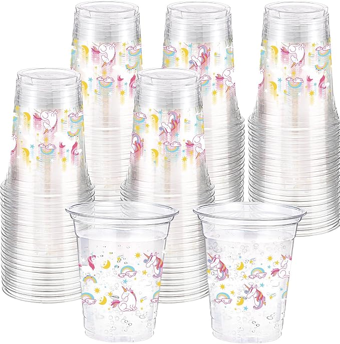 Funnymoom 60 Pack Unicorn Cups 12 oz Disposable Clear Plastic Unicornio Rainbow Drinking Cups for Unicorn Birthday Party Decorations Supplies