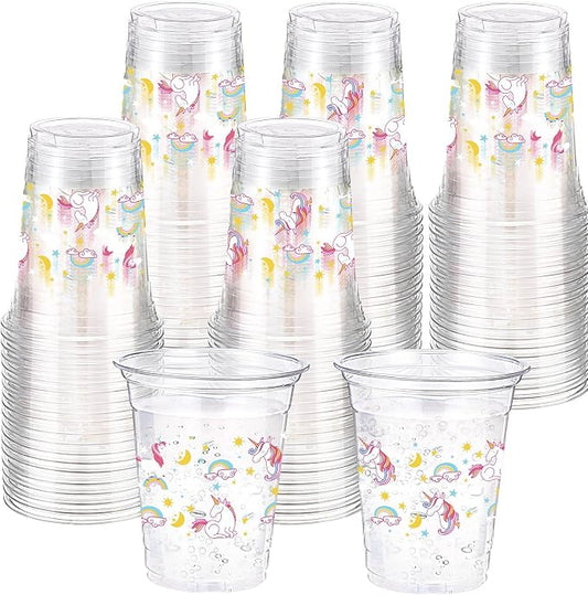 Funnymoom 60 Pack Unicorn Cups 12 oz Disposable Clear Plastic Unicornio Rainbow Drinking Cups for Unicorn Birthday Party Decorations Supplies