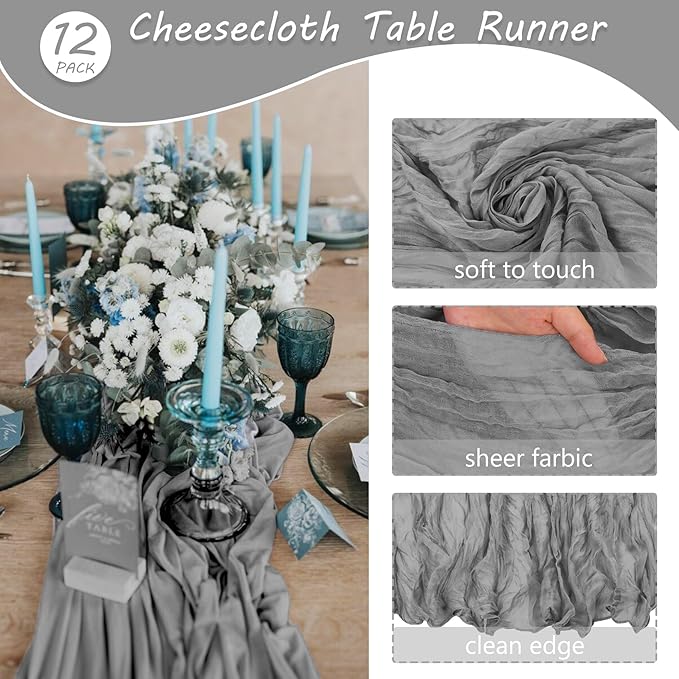 12 Pack 10Ft Cheesecloth Boho Gauze Table Runner - 35x120 Inch Rustic Cheese Cloth Long Table Runner for Wedding, Bridal Shower, Birthday Party Decor (Gray)
