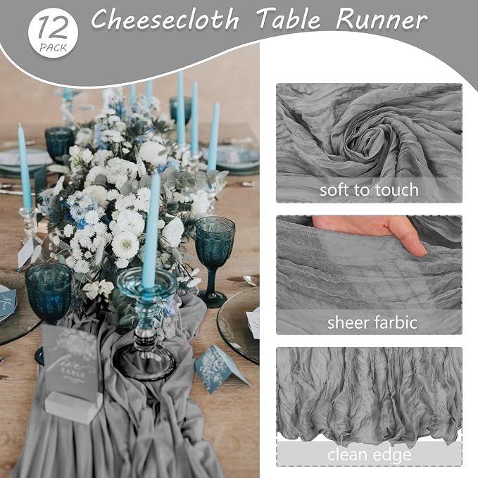 12 Pack 10Ft Cheesecloth Boho Gauze Table Runner - 35x120 Inch Rustic Cheese Cloth Long Table Runner for Wedding, Bridal Shower, Birthday Party Decor (Gray)