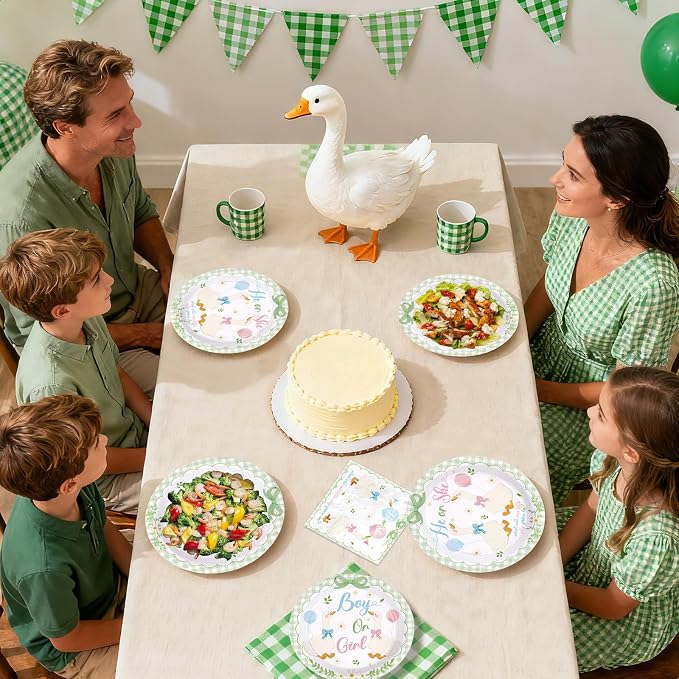 96 Pcs Sage Green White Goose Gender Reveal Decorations Baby Shower Plates and Napkins Goose Baby Shower Tableware Set for Gender Reveal Birhday Party Supplies, Serves 24