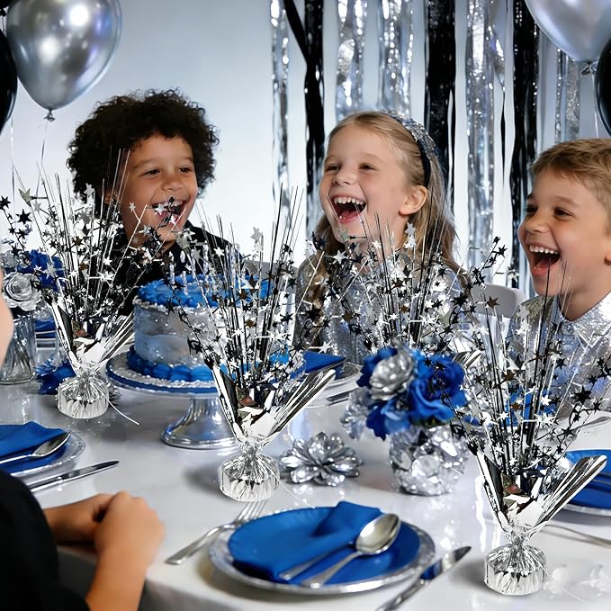 6 Pack Metallic Foil Spray Table Centerpiece Decoration Star Brust Glitter Table Topper Decor for Birthday Graduation Holiday Christmas New Year's Eve Celebration Party Supplies Black Silver