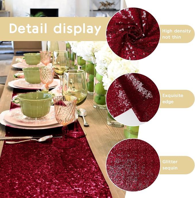 2 Packs 12 x 72 inches Sequin Table Runner, Burgundy Glitter Table Runner for Birthday Party Supplies Wedding Engagement Baby Shower Holiday Celebration Event Decorations