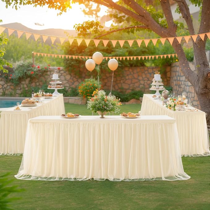 6 Pack 8ft Champagne Tulle Tablecloths for Rectangle Tables, 8 Foot Champagne Rectangular Table Cloth, Wrinkle Free Table Cover with Tutu Skirt for Wedding Birthday Party Banquet Buffet Bridal Shower