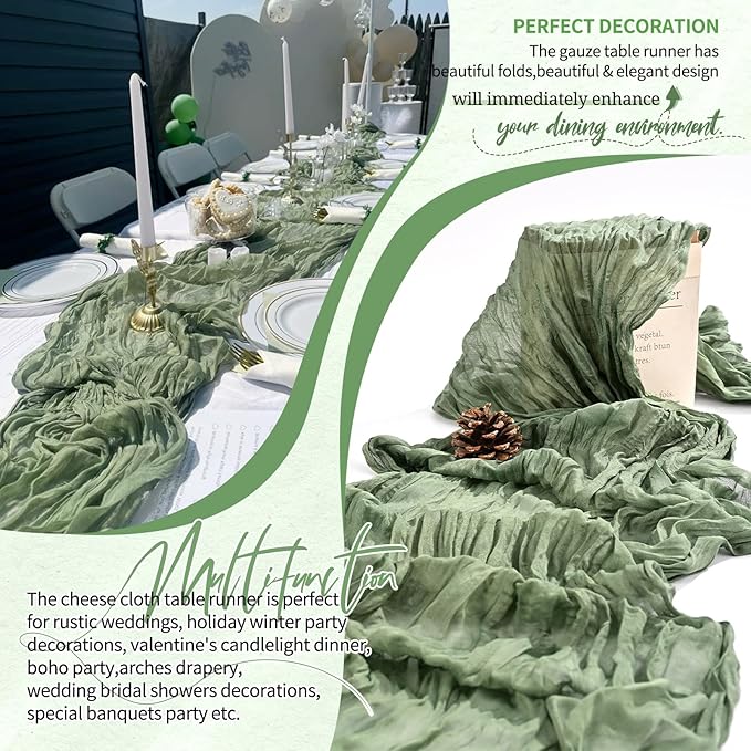 1 Pack Cheesecloth Table Runner 10FT Sage Green Table Runner Boho Gauze Cheese Cloth Table Runners Long Rustic Sheer Table Decorations for Wedding Party Baby Bridal Shower Birthday Holiday Home
