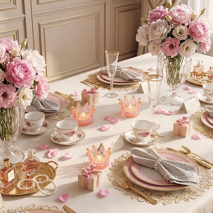 Rubtlamp 6 Pack Pink Crown Candle Holders, Votive Candle Holders Bulk with Gold Tips, Glass Tealight Candle Holder for Table Centerpieces, Bridal Shower, Birthday, Wedding, Home Decor