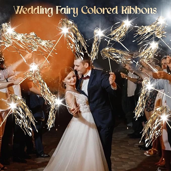 Drixbor 100 PCS Light Up Wedding Wands - LED Tinsel Streamers for Wedding Send Off & Grand Entrance, Party Favors for Weddings Birthdays Christmas (Champagne)