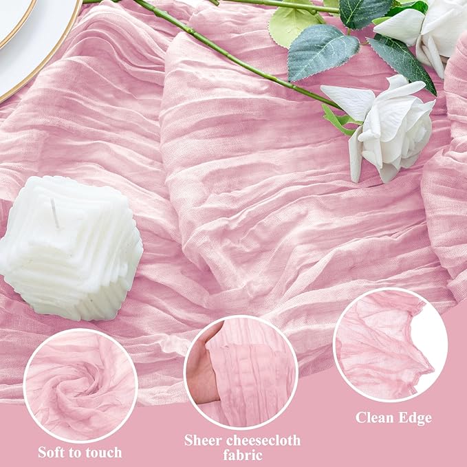 4PCS Table Runner Cheesecloth 10FT Blushing Pink Boho Gauze Cheese Cloth Rustic Sheer Table Runners for Wedding Bridal Baby Shower Party Decoration