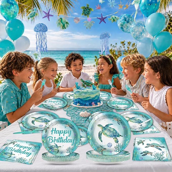 96Pcs Ocean Turtle Birthday Party Decorations Ocean Sea Party Tableware Turtles Paper Disposable Plates Napkins Under the Sea Animal Supplies for Pool Beach Underwater Birthday Decor Serves 24 Guests