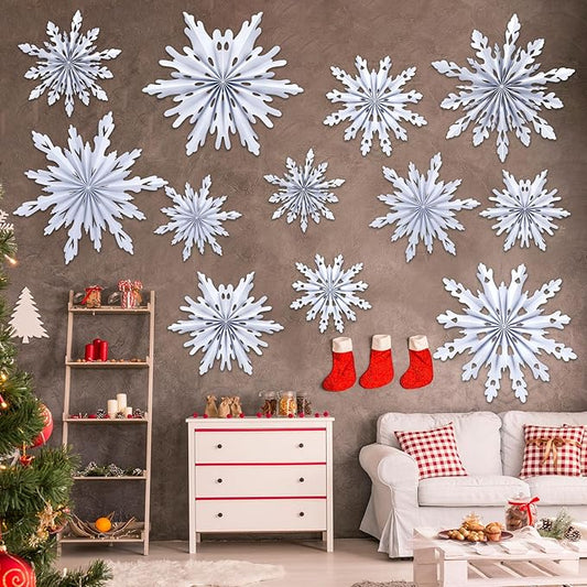 Fuyoooo 12 Pcs Snowflakes Hanging Decorations Blue Purple White Paper Fans Hollow Snowflakes Ceiling Hangings Decor Ice Birthday Fans Decor for Wedding Birthday Holiday Party Decoration(White)