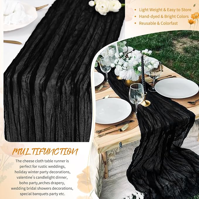 4 Pack Black Cheesecloth Table Runner 17 x 108 inch Boho Gauze Table Runner Rustic Sheer Cheese Cloth Table Decorations for Wedding Party Baby Bridal Shower Birthday Holiday Home