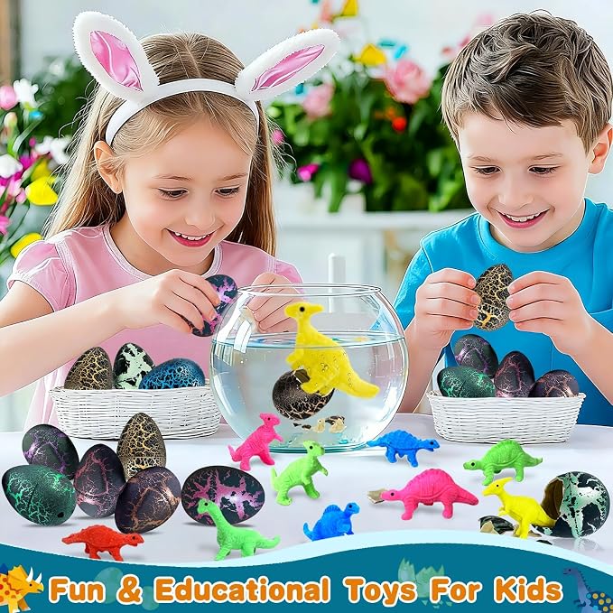 24 Pcs Large Hatching Dinosaur Eggs Easter Party Favors, Easter Egg Filled Toys for Kids Toddlers Grow in Water Dinos Egg Science Kits, Goodie Bag Stuffers, Classroom Prizes, Easter Basket Stuffers