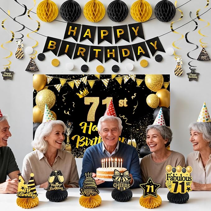 Happy 71st Birthday Party Decoration: Including Birthday Banner Backdrop, Party Table Centerpieces and Hanging Swirl Party Streamers, Birthday Decor for Men and Women (Gold/Black, 71st Birthday)