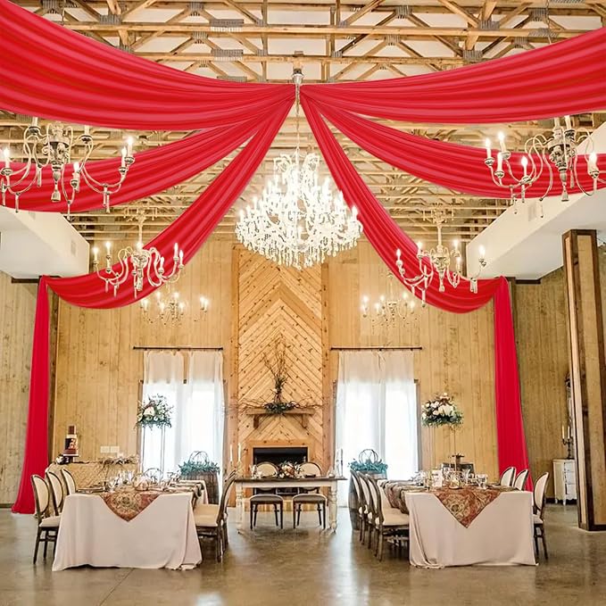 DUOBAO Dark Red Wedding Ceiling Drapes 30ft Sheer Chiffon Backdrop Curtains, Red Arch Draping Fabric for Wedding Ceremony Reception Ceiling Decor Party Event Decoration, 6 Panels 5x30ft