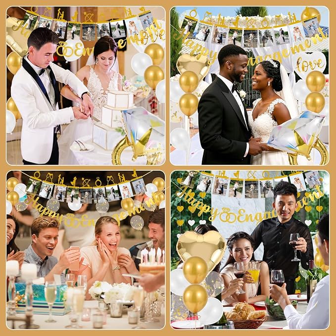 Engagement Party Decorations Gold - 29 Pc Engagement Decor Kit, Happy Engagement Banner, Ring Balloon, Photo Timeline, LOVE Heart Balloons - Just Engaged Proposal Bridal Shower Decor