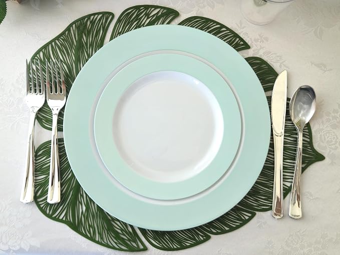 " OCCASIONS " 240 Plates Pack,(120 Guests) Heavyweight Wedding Party Disposable Plastic Plates -120x10.25'' Dinner+120 x 7.5'' Salad/Dessert (Rio Collection White & Turquoise blue)
