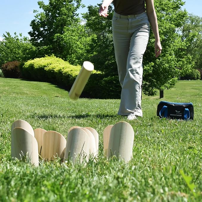 Vivere Viking Throw Tournament Edition, Outdoor Bowling Game Set for Kids & Adults with 12 Pins, Baton & Carry Bag for Backyard, Beach & Lawn Play