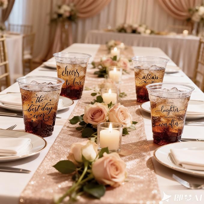 Edussy 200 Pack Disposable Wedding Plastic Cups Decor-4 Pattern 12 oz Mr and Mrs Cups for Wedding Stuff Decorations for Reception Bridal Shower Anniversary Party