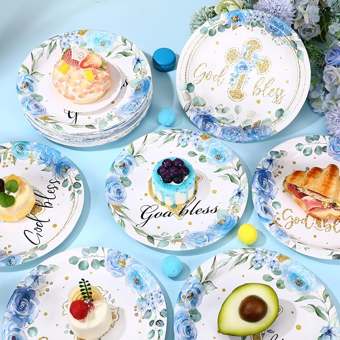 Funnymoom 60 Pcs Baptism Plates 9 Inch Blue God Bless Floral Plates Disposable Religious Party Decoration for First Communion Christening Celebration Baby Shower Religious Party Supplies