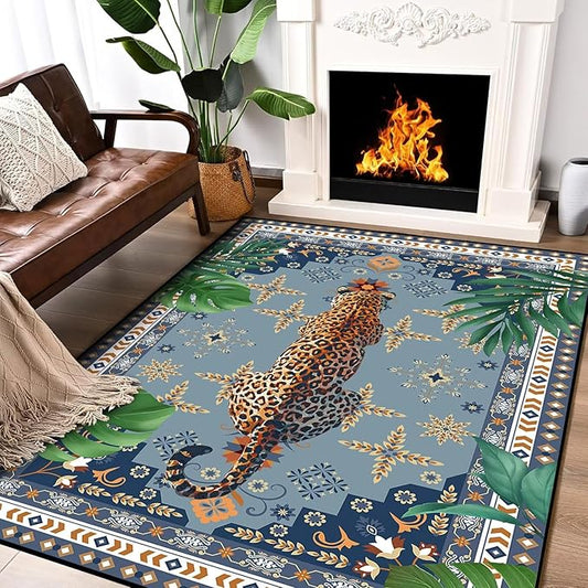 Tropical Animal Area Rug, 4' x 6' Boho Retro Leopard Carpet for Living Room Bedroom, Jungle Leaf Cheetah Floor Mat Doormat Playroom Dorm Porch Nursery Decor, Grey