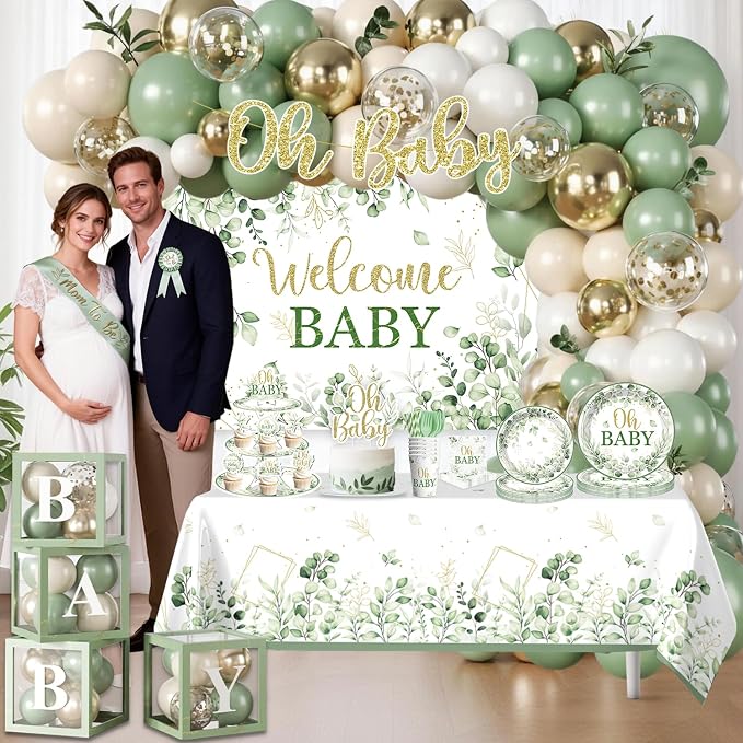 286 Pcs Sage Green Baby Shower Decorations Set-Serves 25 Guests -All-in-One Gender Neutral Party Supplies Kit Includes Balloon Arch, Backdrop, Tableware Set, and Sash