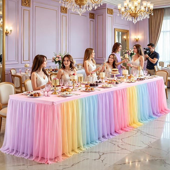 2 Pack Rainbow Tablecloths with Tulle Table Skirt for 8 Foot Rectangle Tables, Party Ruffle Tutu Table Skirt Stretch Fitted Covers for Wedding Reception Birthday Baby Shower Celebration Banquet Event