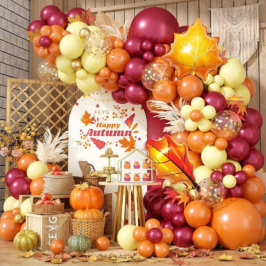 Fall Balloon Arch Kit, Thanksgiving Balloon Garland with Wine Red Orange Pastel Yellow Balloons with Leaf Foil Balloons for Thanksgiving Autumn Fall Birthday Baby Shower Party Decorations