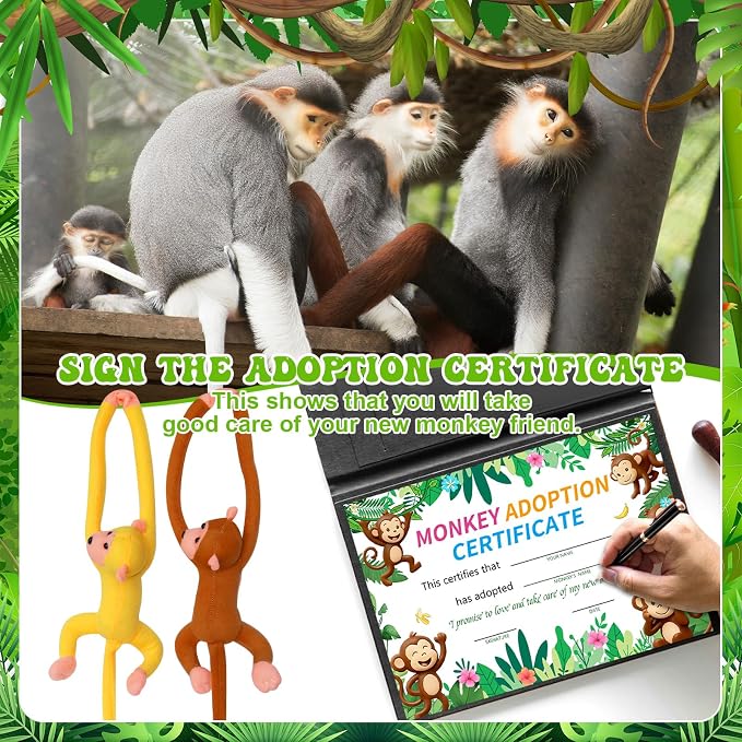 25 Pcs Adopt a Hanging Monkey Plush Party Supplies Jungle Animal Include 12 Plush Safari Animal 12 Adopt Cards 1 Adopt Sign for Adopt A Pet Party (Monkey, 12 Set)
