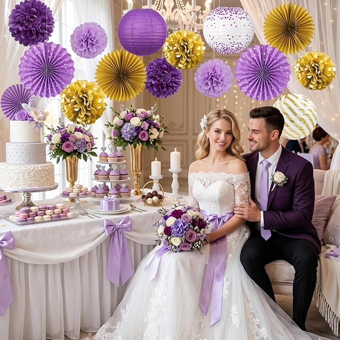 ADLKGG Purple Gold Party Decorations, 14 Pcs Hanging Paper Fans, Lanterns, Pom Poms, Elegant Backdrop for Graduation Party, Rapunzel Theme, Birthday, Baby Shower, Bridal Shower