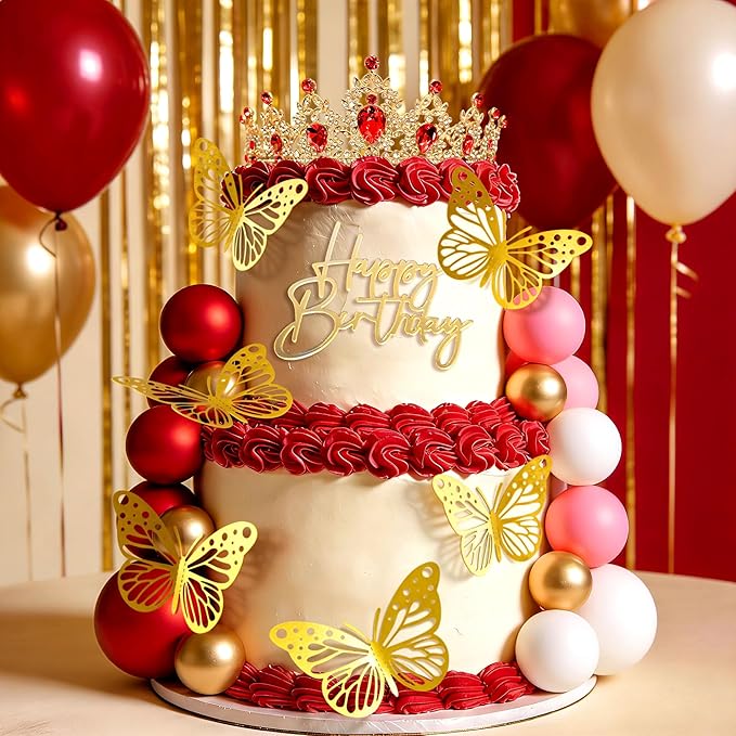 Red Queen Crown Cake Topper Gold Crown Birthday Decorations Butterfly Sign Gold Balls Cake Decorations Birthday Party Bridal Shower Decor