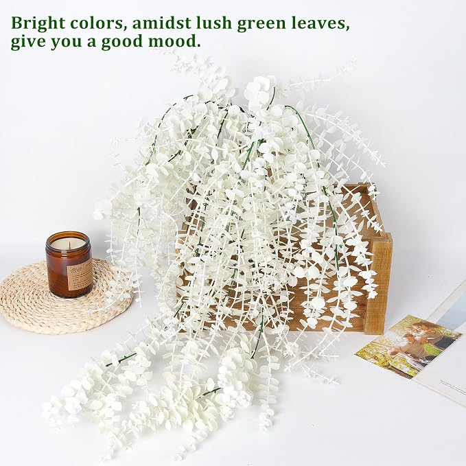 RECUTMS Fake Plant Hanging Eucalyptus Vines Plants Faux Eucalyptus Leaf Hanging Plant for Room Wedding Proch Yard Outdoor Home Wall Kitchen Bathroom Indoor Decoration in 3 Pcs(Pure White)