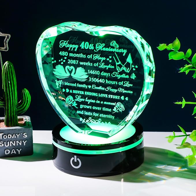 YWHL 40th Anniversary Crystal Heart Gifts for Wife Husband, Laser Engraved Romantic 40 Year Wedding Anniversary Crystal Keepsake Gifts for Her Him, 40 Years of Marriage Gift for Couples Friends