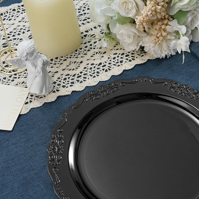 100 Pieces Black Plastic Plates - 10.25inch Dinner Disposable Plates - Premium Heavy Duty Hard Disposable Dinner Plates - Party Supplies for Birthdays, Celebrations, Wedding