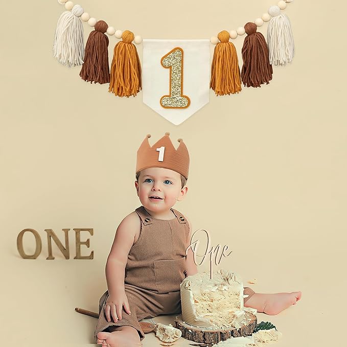 Baby Boy First Birthday Party Decorations Brown High Chair Banner 1st Crown Cake Topper 1st Birthday Decor