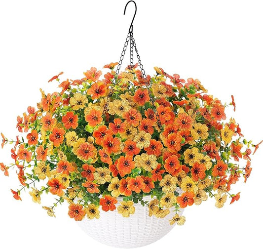 Ivydale Artificial Fake Fall Hanging Flowers Plants Baskets for Outdoors, Faux Silk Orange Yellow Mums Realistic UV Resistant for Outside Porch Patio Yard Balcony Home Decoration